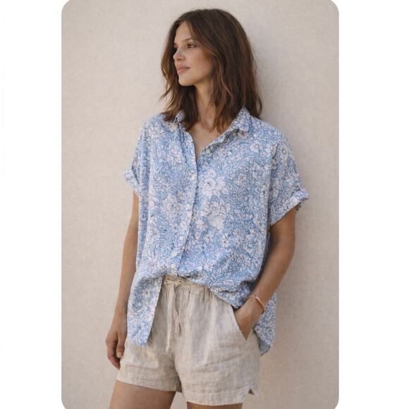 RACHEL ASHWELL Tops - Rachel Ashwell Blue Floral Short Sleeve Button Down Boxy Linen Coastal Shirt